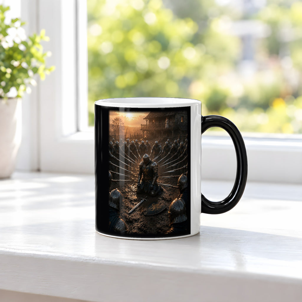 Vor ihren Augen – Black Edition Zaubertasse mit Motiv (heiß), auf der Fensterbank