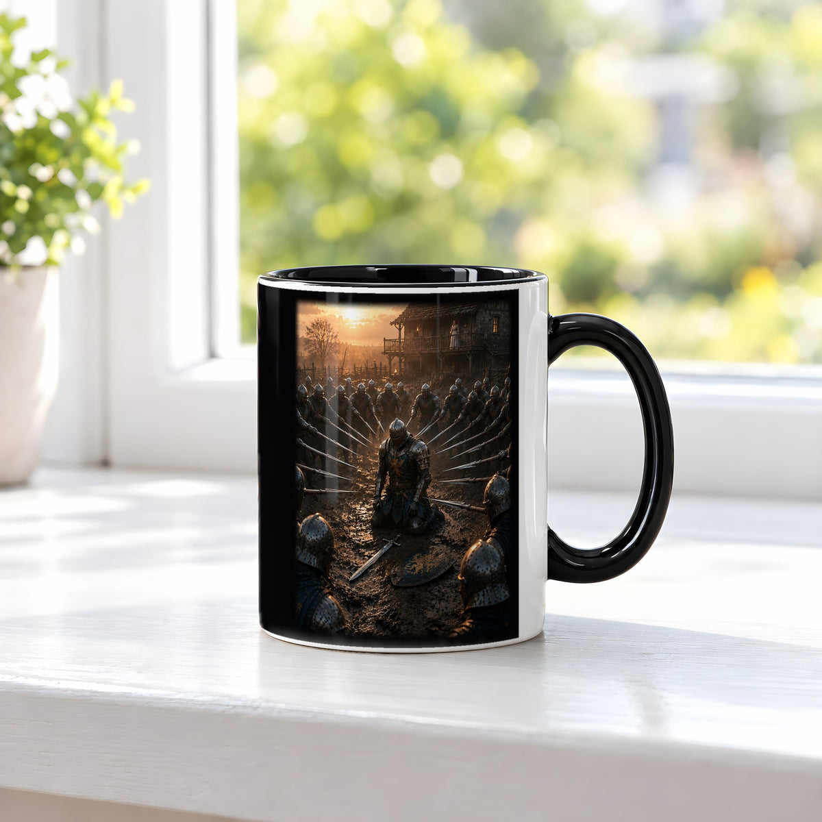 Vor ihren Augen – Tasse innen schwarz, auf der Fensterbank