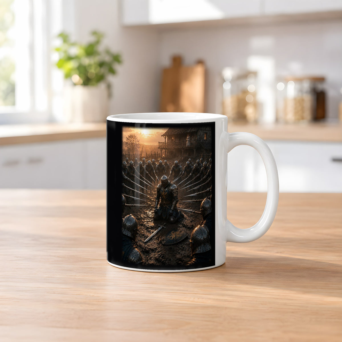 Vor ihren Augen – weiße Tasse, auf dem Küchentresen