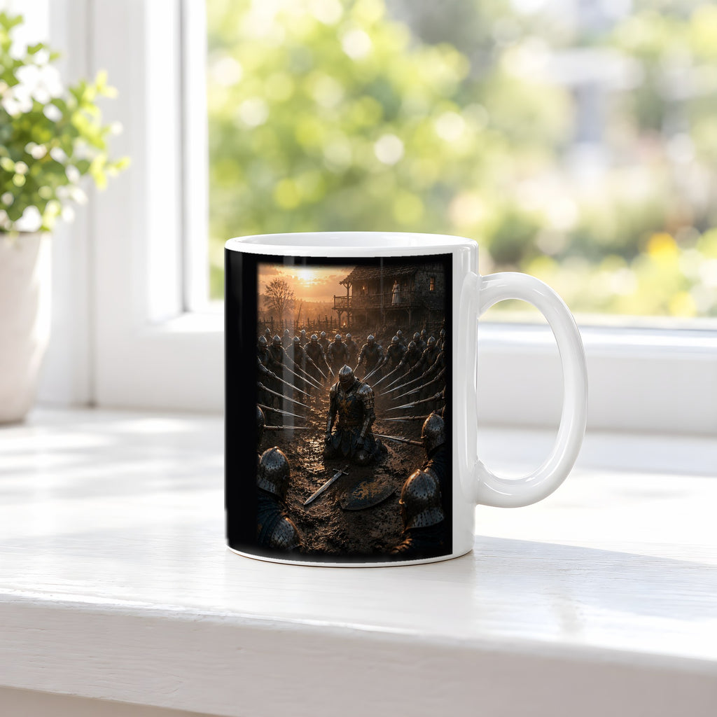 Vor ihren Augen – weiße Tasse, auf der Fensterbank