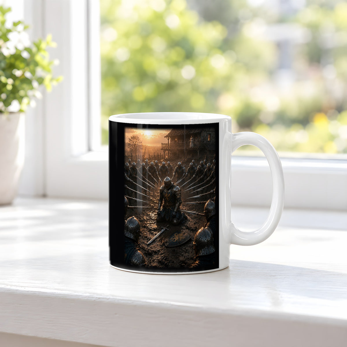 Vor ihren Augen – weiße Tasse, auf der Fensterbank