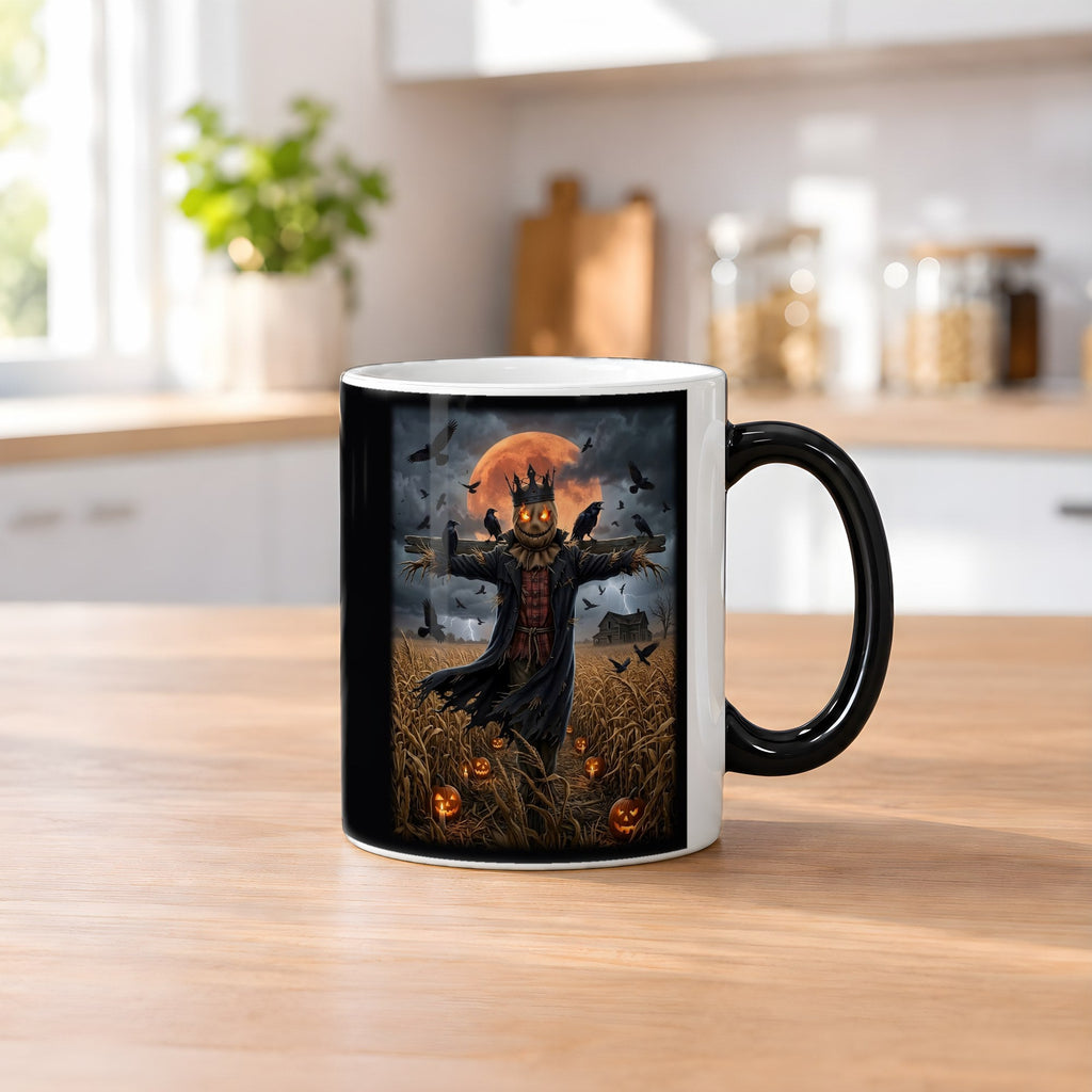 Der Vogelscheuchen-König – Black Edition Zaubertasse mit Motiv (heiß), auf dem Küchentresen