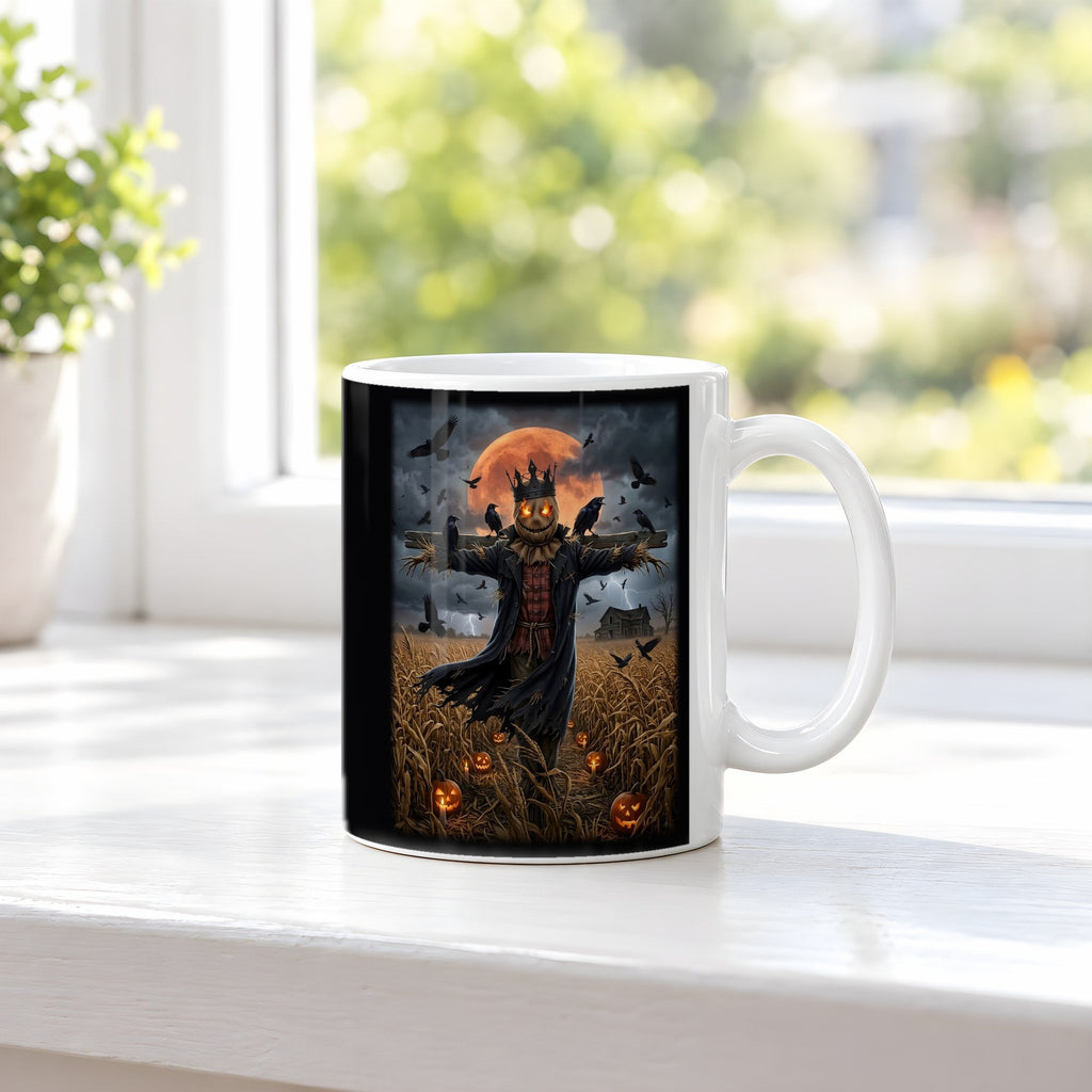 Der Vogelscheuchen-König – weiße Tasse, auf der Fensterbank