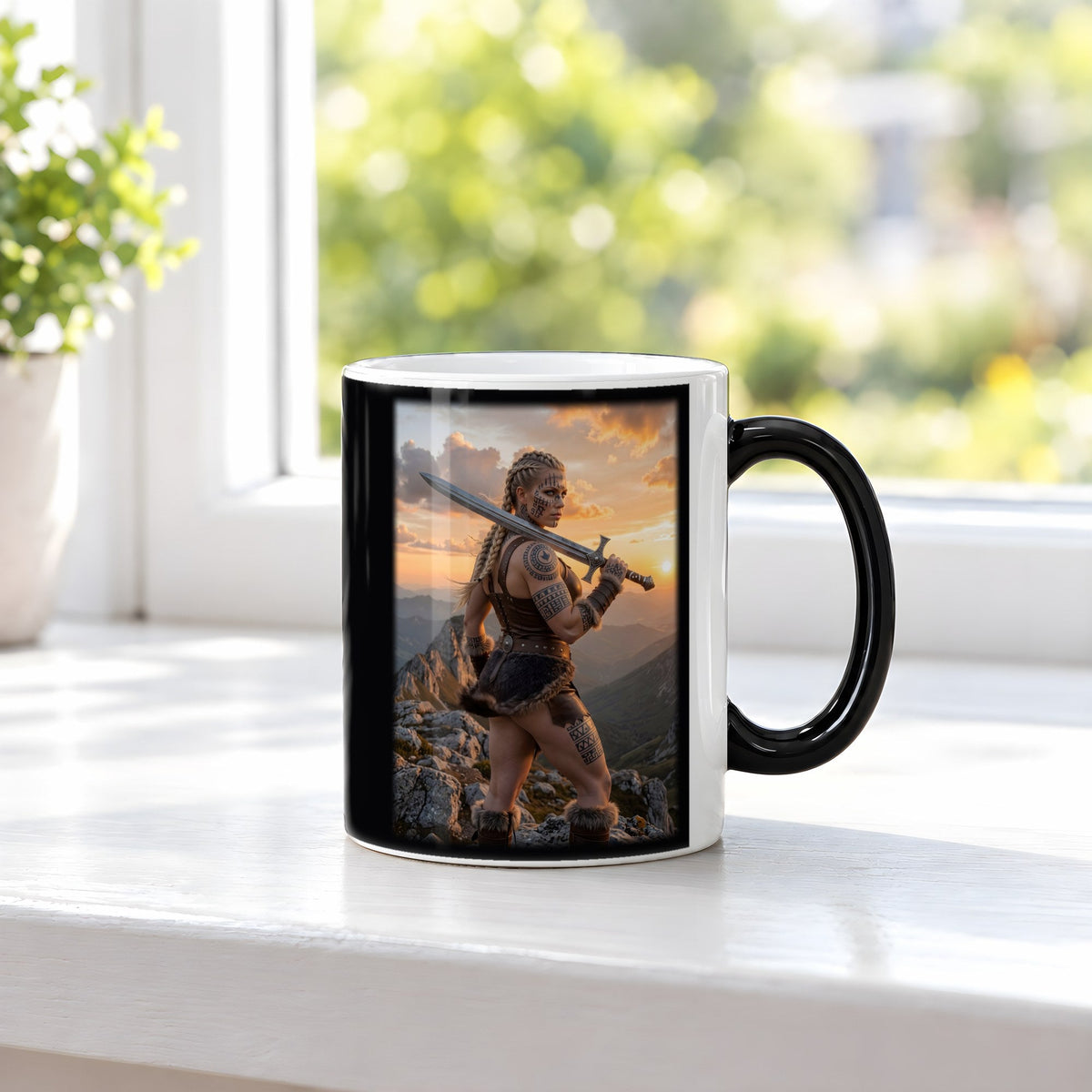 Wacht am Grat – Black Edition Zaubertasse mit Motiv (heiß), auf der Fensterbank