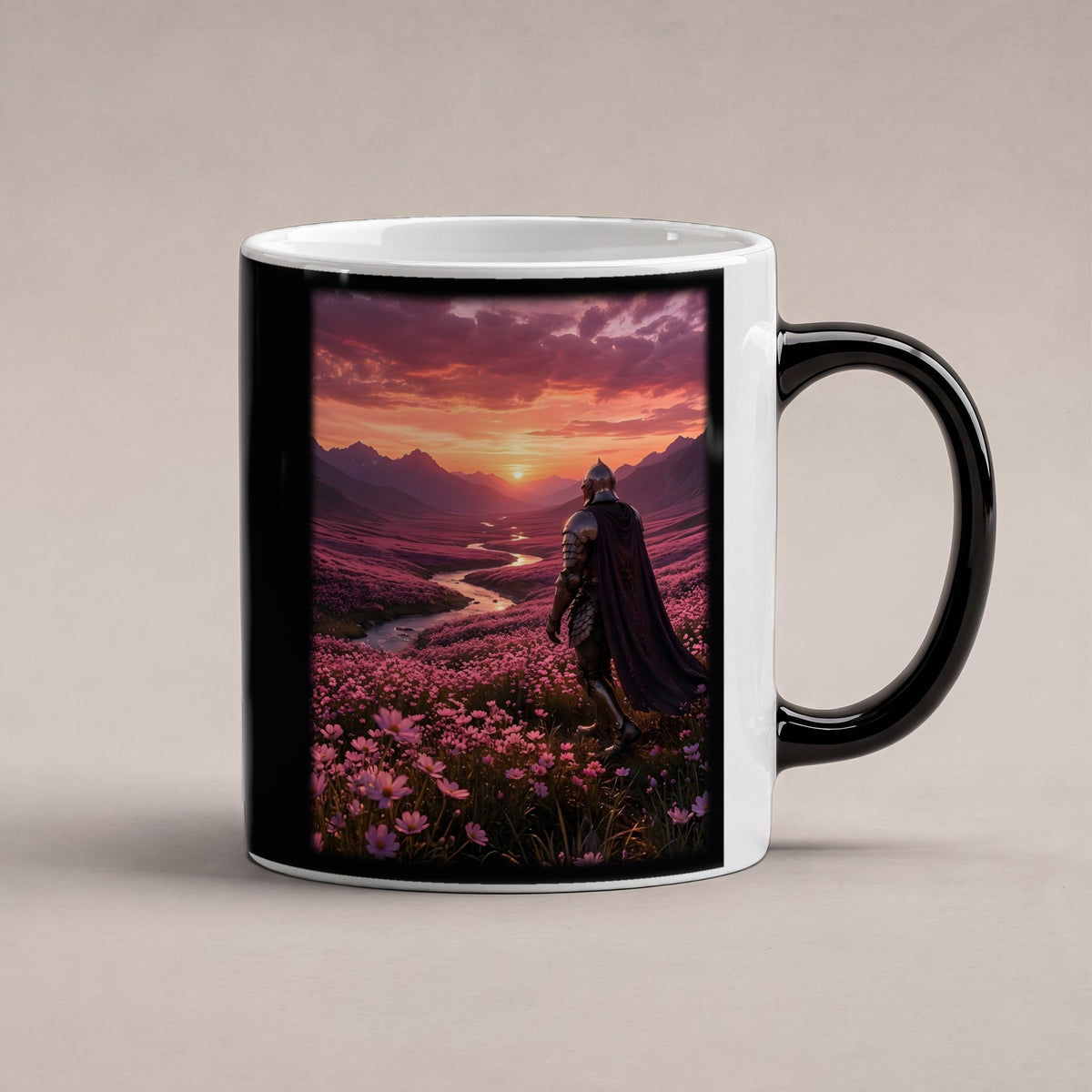 Der Weg ins Abendrot – Black Edition Zaubertasse mit Motiv (heiß), freigestellt