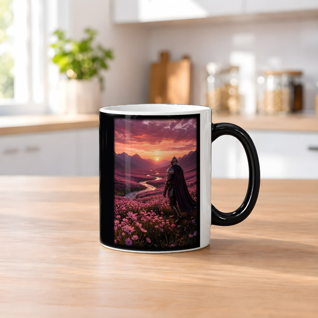 Der Weg ins Abendrot – Black Edition Zaubertasse mit Motiv (heiß), auf dem Küchentresen