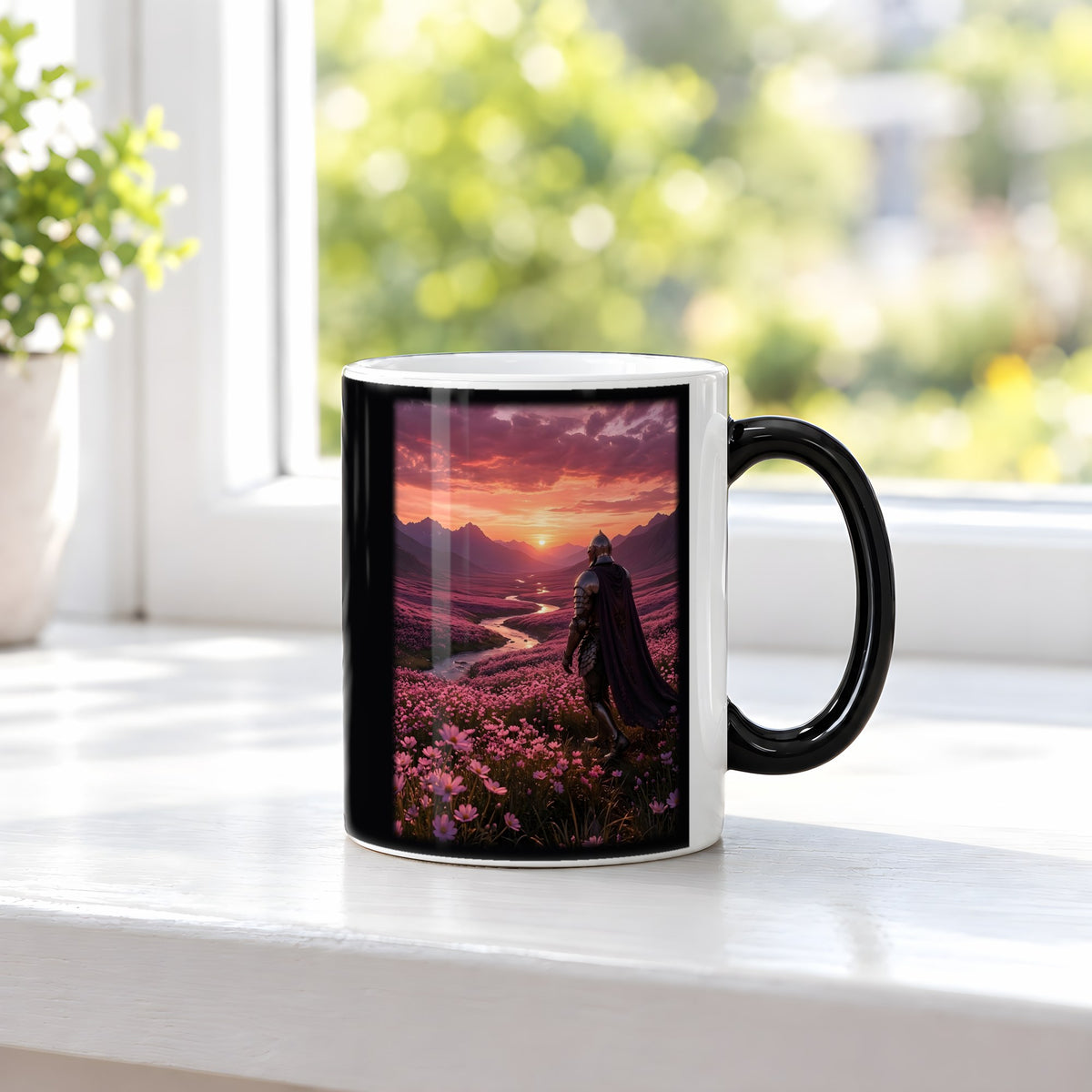 Der Weg ins Abendrot – Black Edition Zaubertasse mit Motiv (heiß), auf der Fensterbank