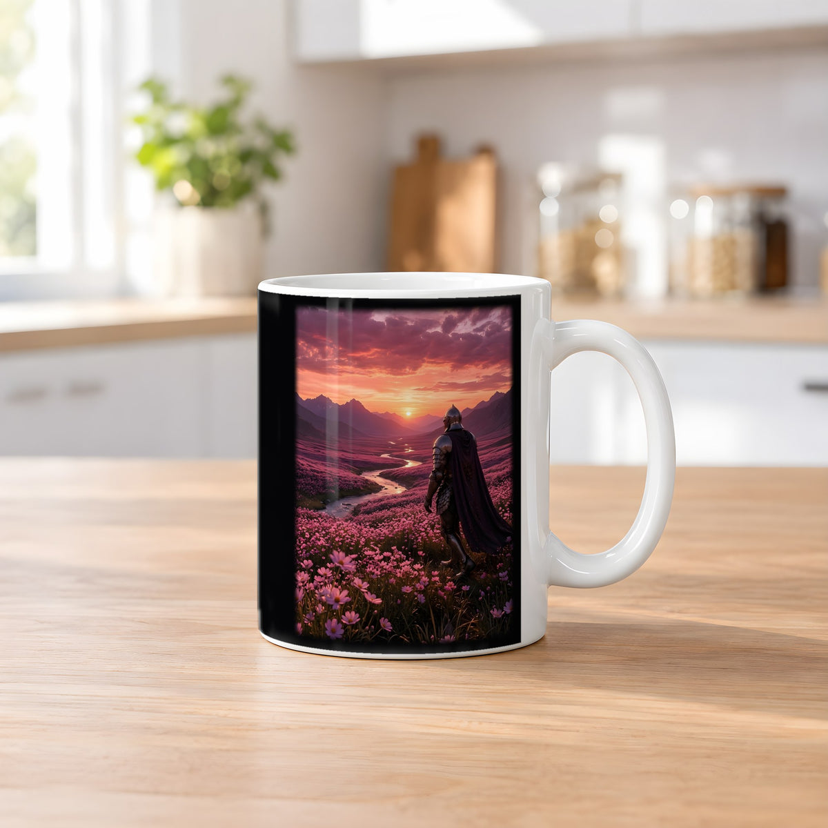 Der Weg ins Abendrot – weiße Tasse, auf dem Küchentresen
