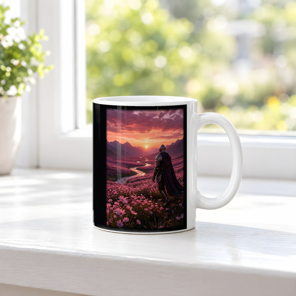 Der Weg ins Abendrot – weiße Tasse, auf der Fensterbank