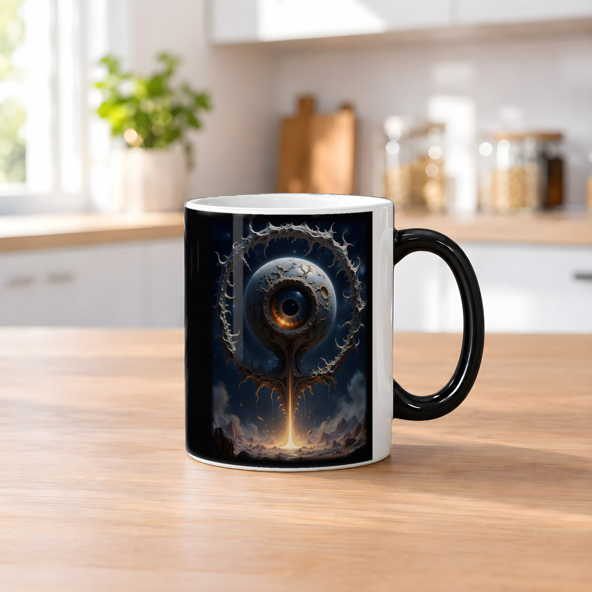Das Wächterauge – Black Edition Zaubertasse mit Motiv (heiß), auf dem Küchentresen