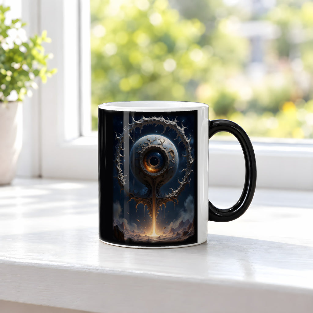 Das Wächterauge – Black Edition Zaubertasse mit Motiv (heiß), auf der Fensterbank
