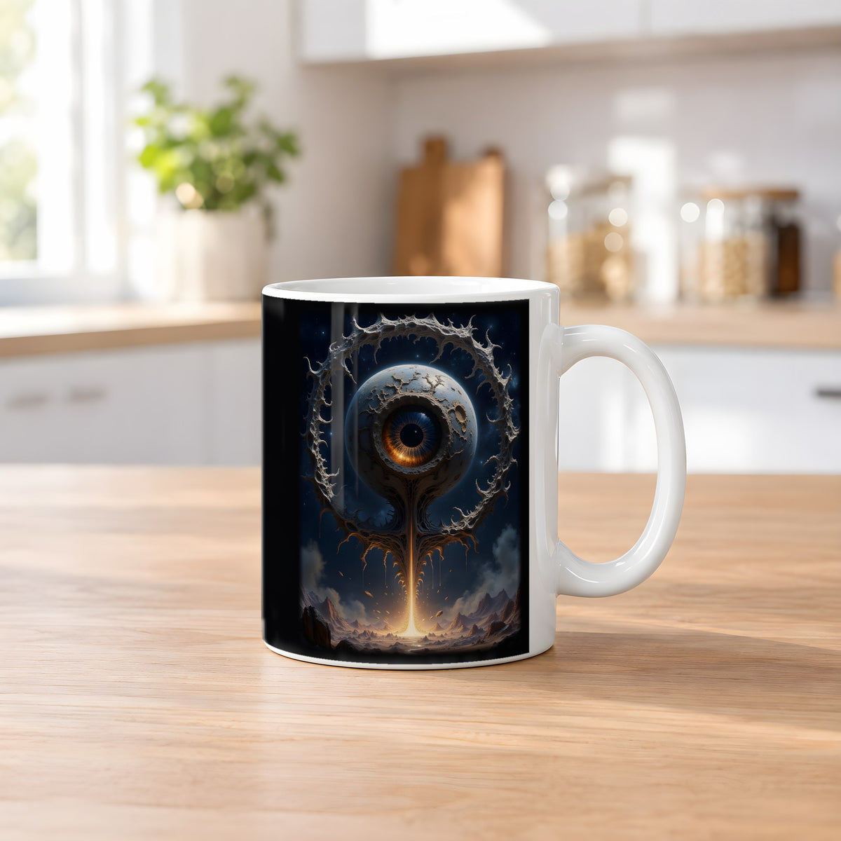 Das Wächterauge – weiße Tasse, auf dem Küchentresen