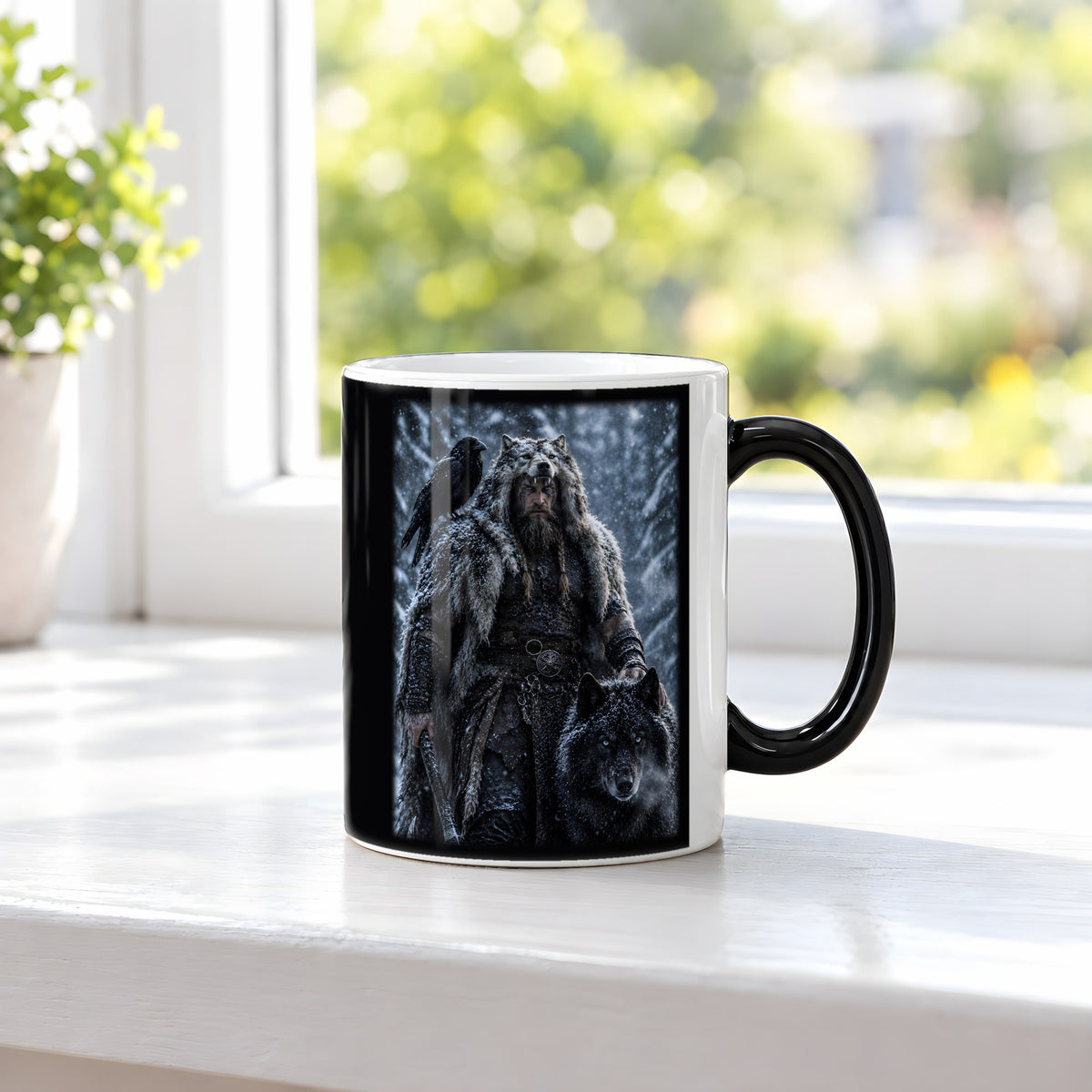 Der Wolfsbruder – Black Edition Zaubertasse mit Motiv (heiß), auf der Fensterbank