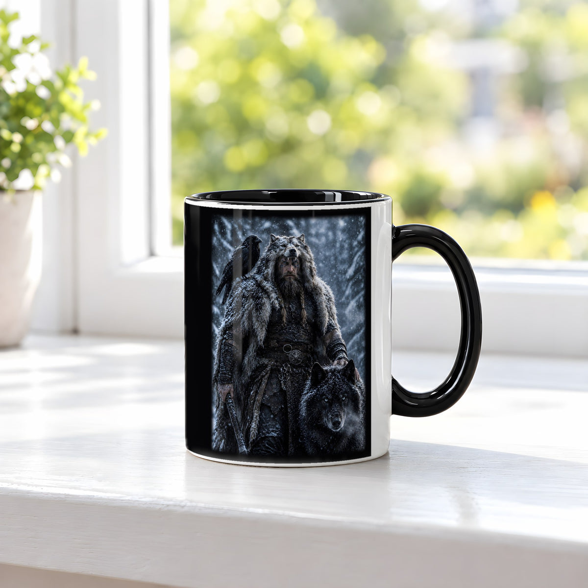 Der Wolfsbruder – Tasse innen schwarz, auf der Fensterbank