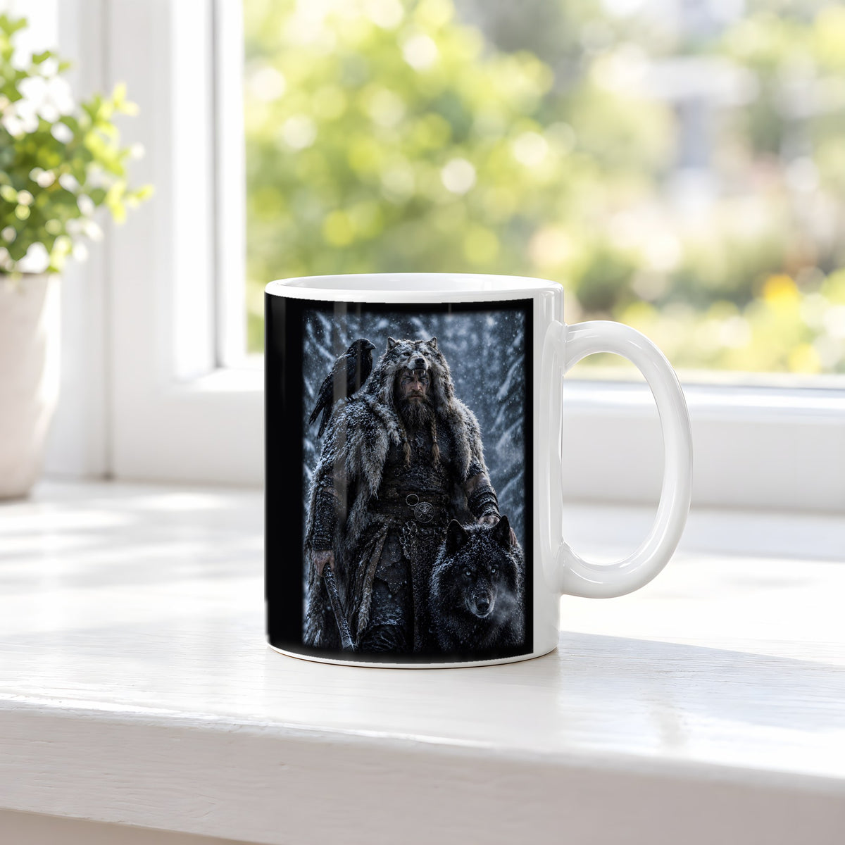 Der Wolfsbruder – weiße Tasse, auf der Fensterbank
