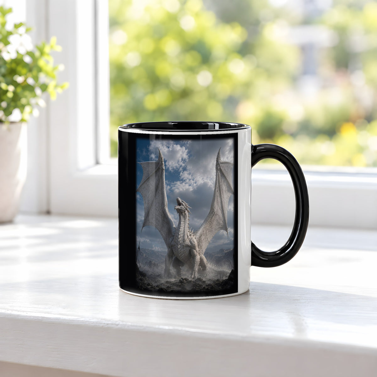 Der Weiße Drache – Tasse innen schwarz, auf der Fensterbank