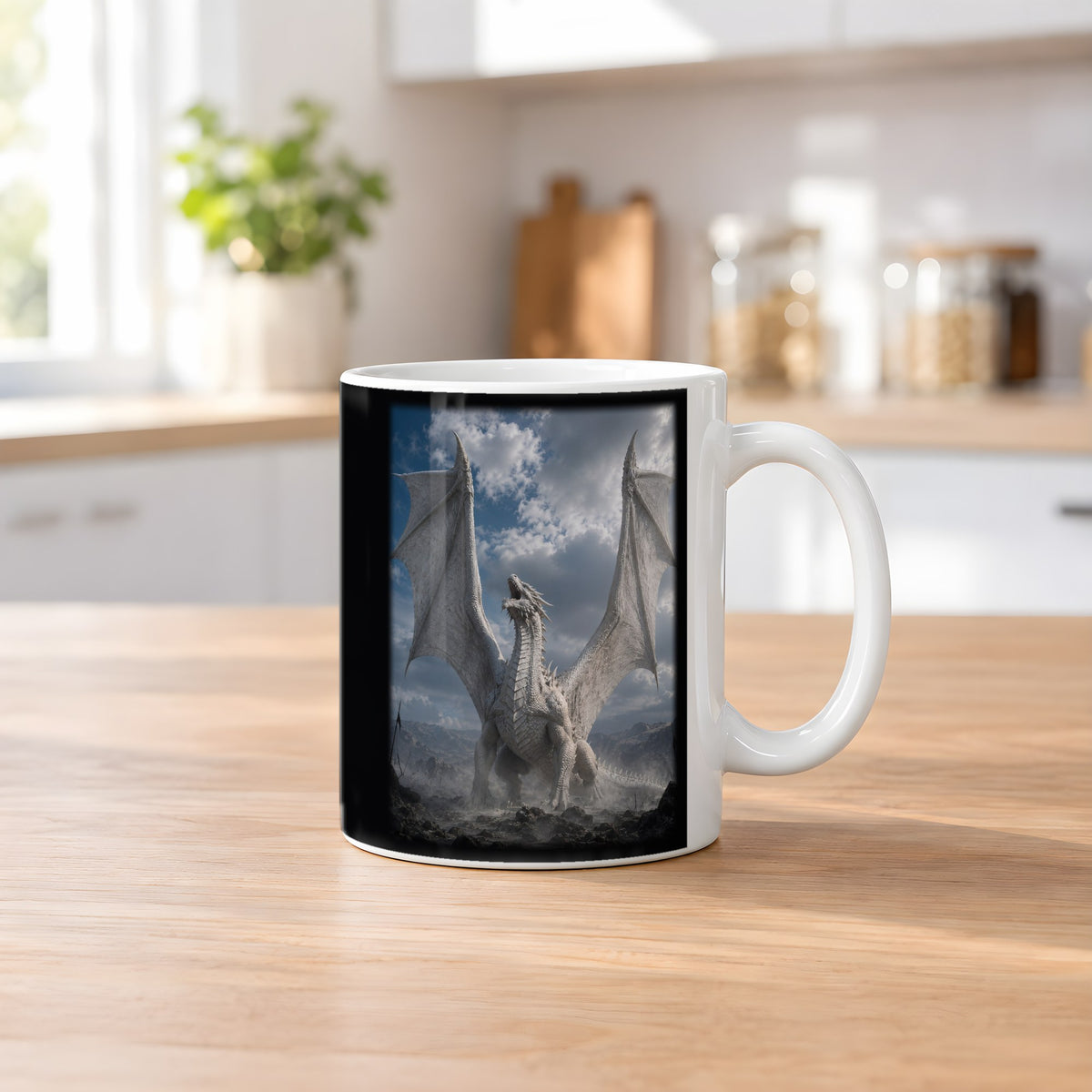 Der Weiße Drache – weiße Tasse, auf dem Küchentresen