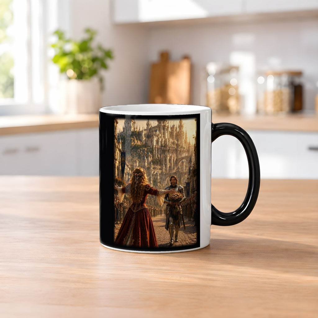 Das Wiedersehen – Black Edition Zaubertasse mit Motiv (heiß), auf dem Küchentresen