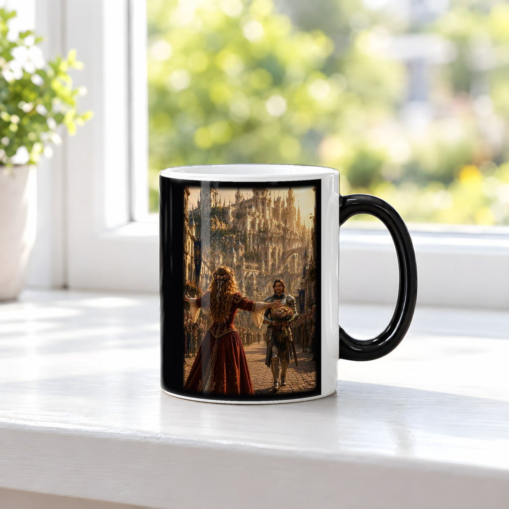 Das Wiedersehen – Black Edition Zaubertasse mit Motiv (heiß), auf der Fensterbank