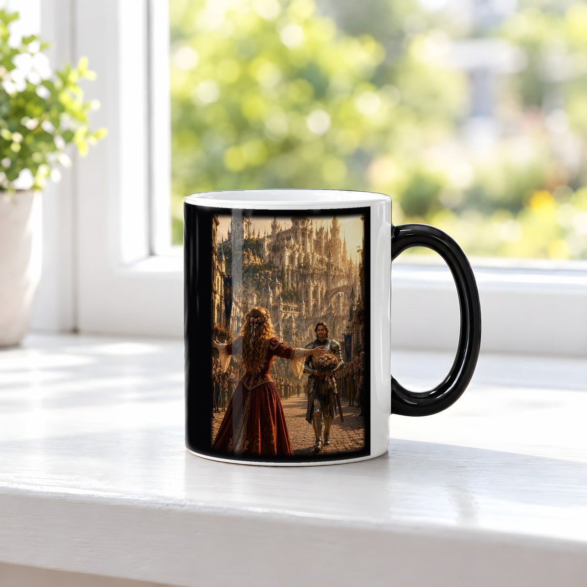 Das Wiedersehen – Black Edition Zaubertasse mit Motiv (heiß), auf der Fensterbank