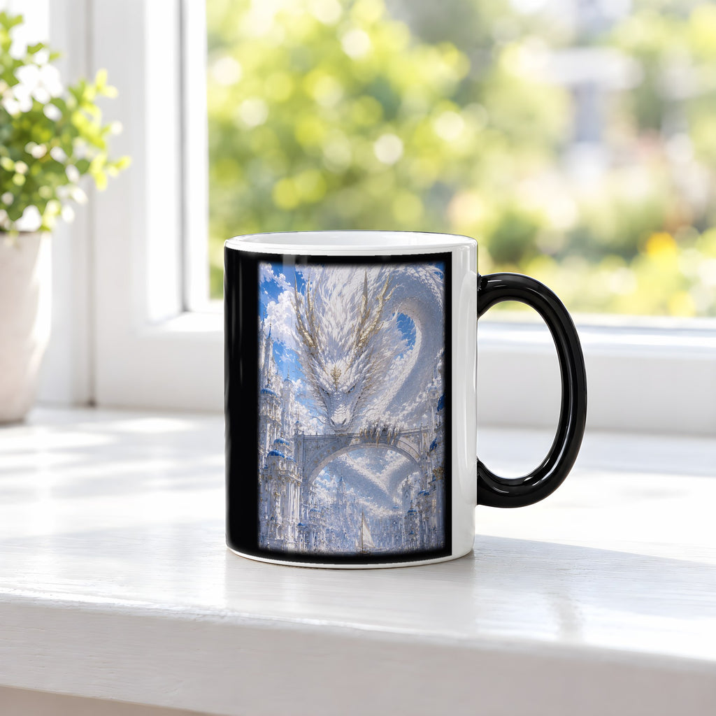 Weiße Drachenstadt – Black Edition Zaubertasse mit Motiv (heiß), auf der Fensterbank