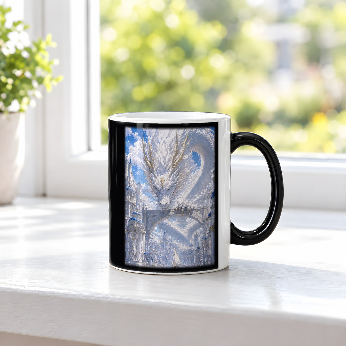 Weiße Drachenstadt – Black Edition Zaubertasse mit Motiv (heiß), auf der Fensterbank