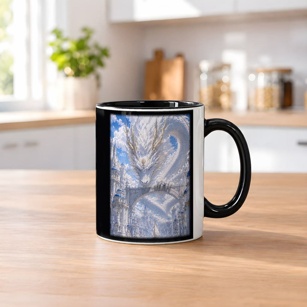 Weiße Drachenstadt – Tasse innen schwarz, auf dem Küchentresen