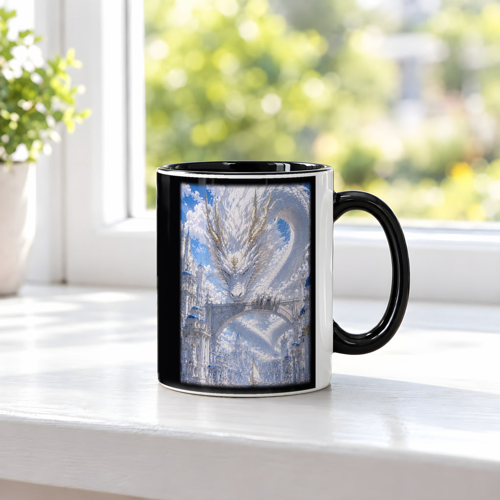 Weiße Drachenstadt – Tasse innen schwarz, auf der Fensterbank