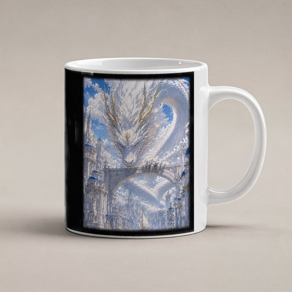 Weiße Drachenstadt – weiße Tasse, freigestellt