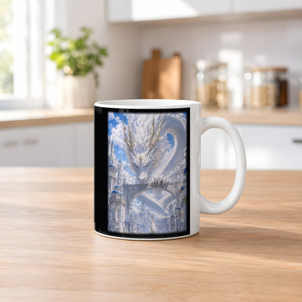 Weiße Drachenstadt – weiße Tasse, auf dem Küchentresen