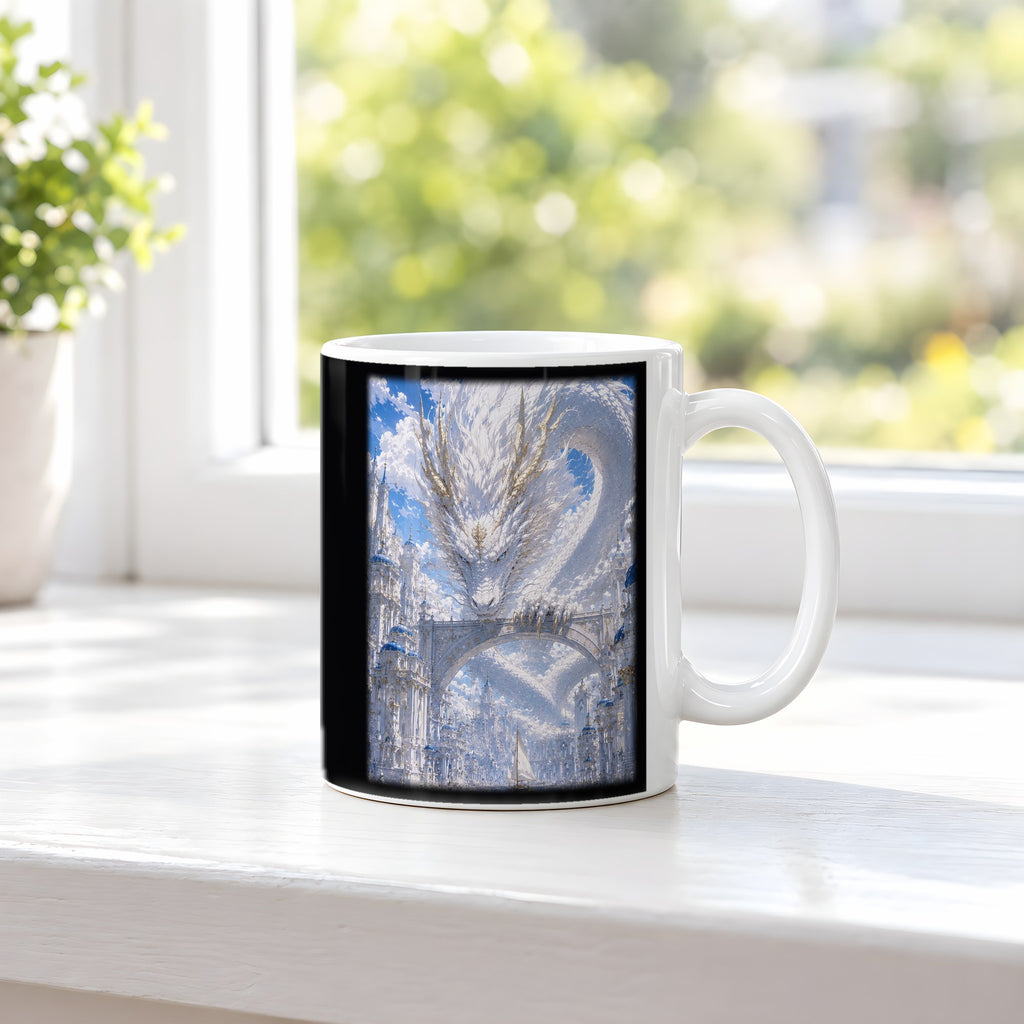 Weiße Drachenstadt – weiße Tasse, auf der Fensterbank