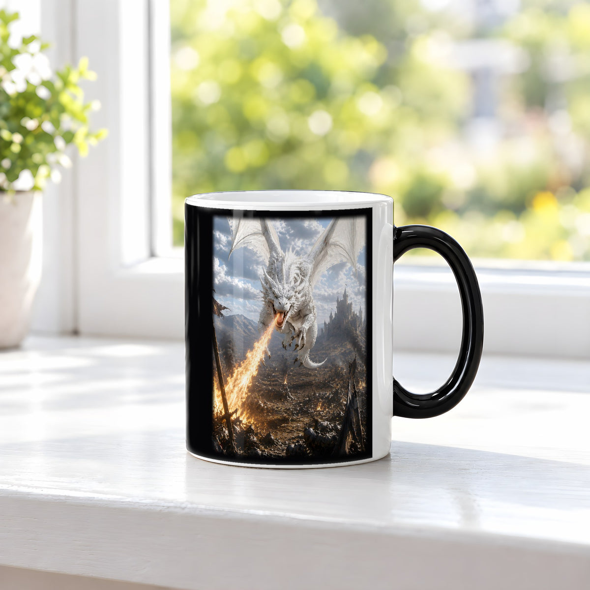 Weißglut – Black Edition Zaubertasse mit Motiv (heiß), auf der Fensterbank