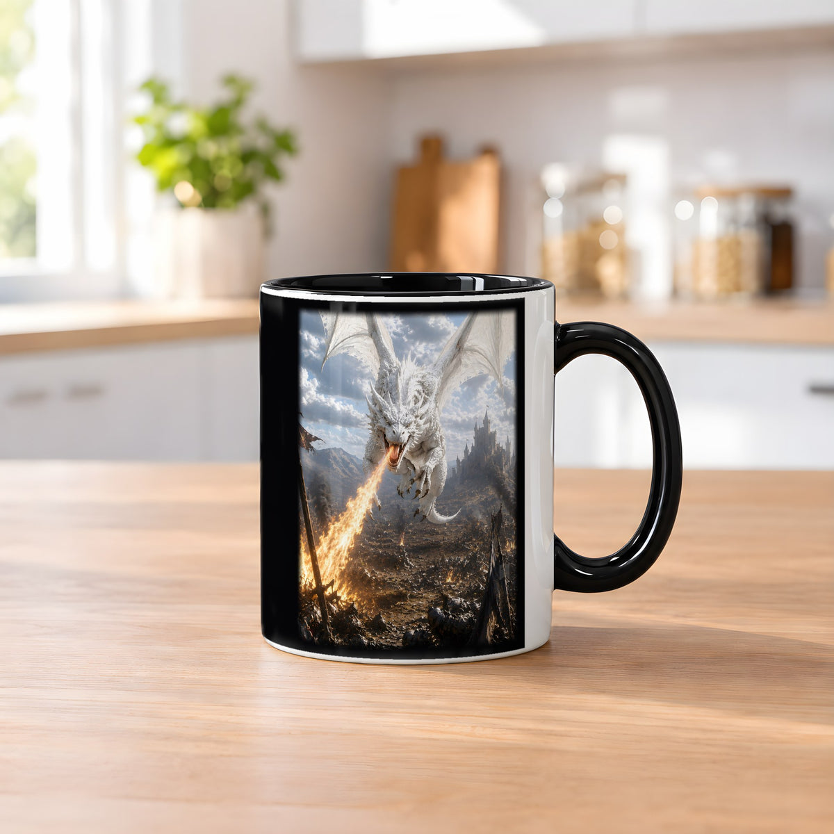 Weißglut – Tasse innen schwarz, auf dem Küchentresen