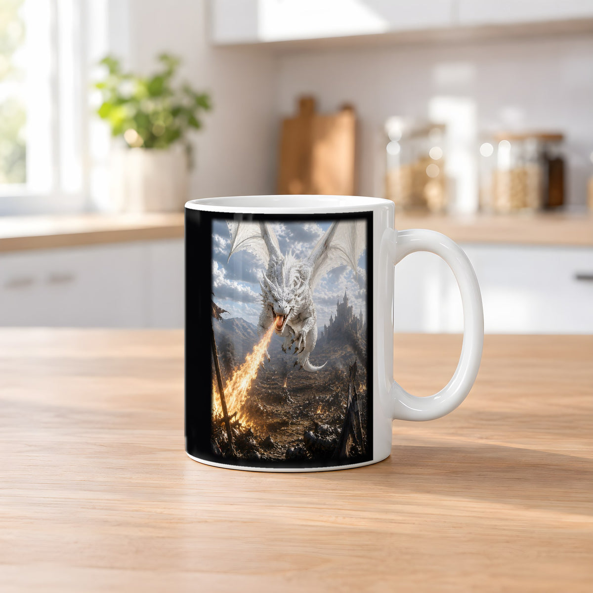Weißglut – weiße Tasse, auf dem Küchentresen