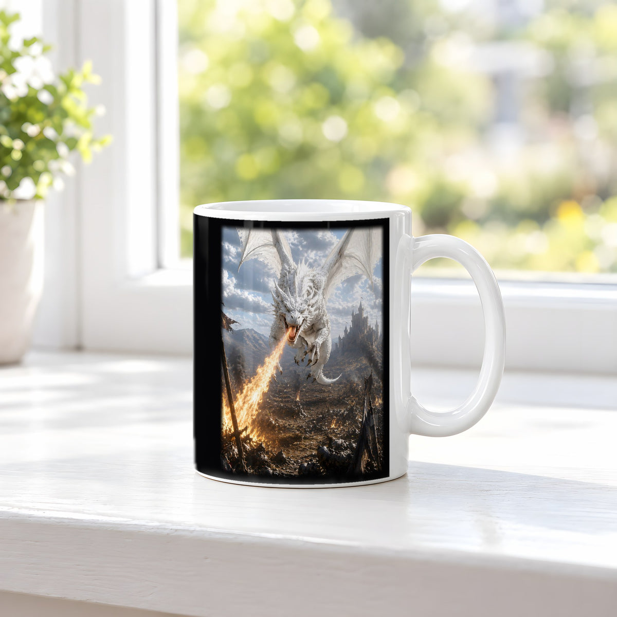 Weißglut – weiße Tasse, auf der Fensterbank