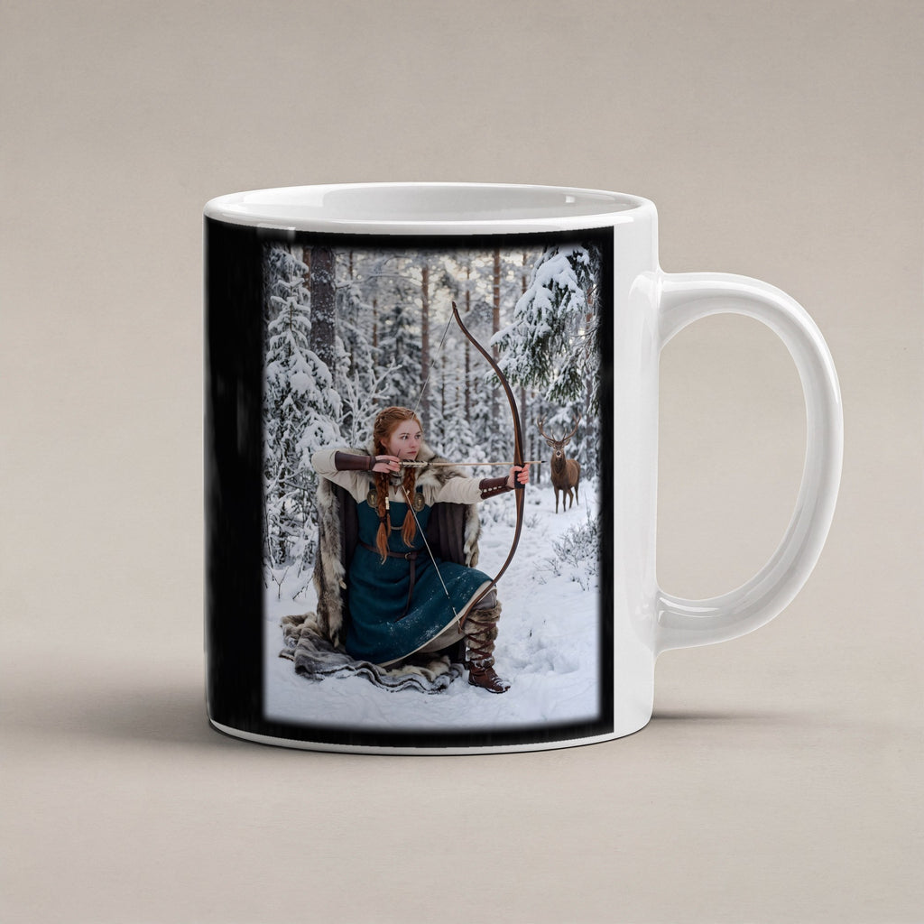 Die Winterjägerin – weiße Tasse, freigestellt