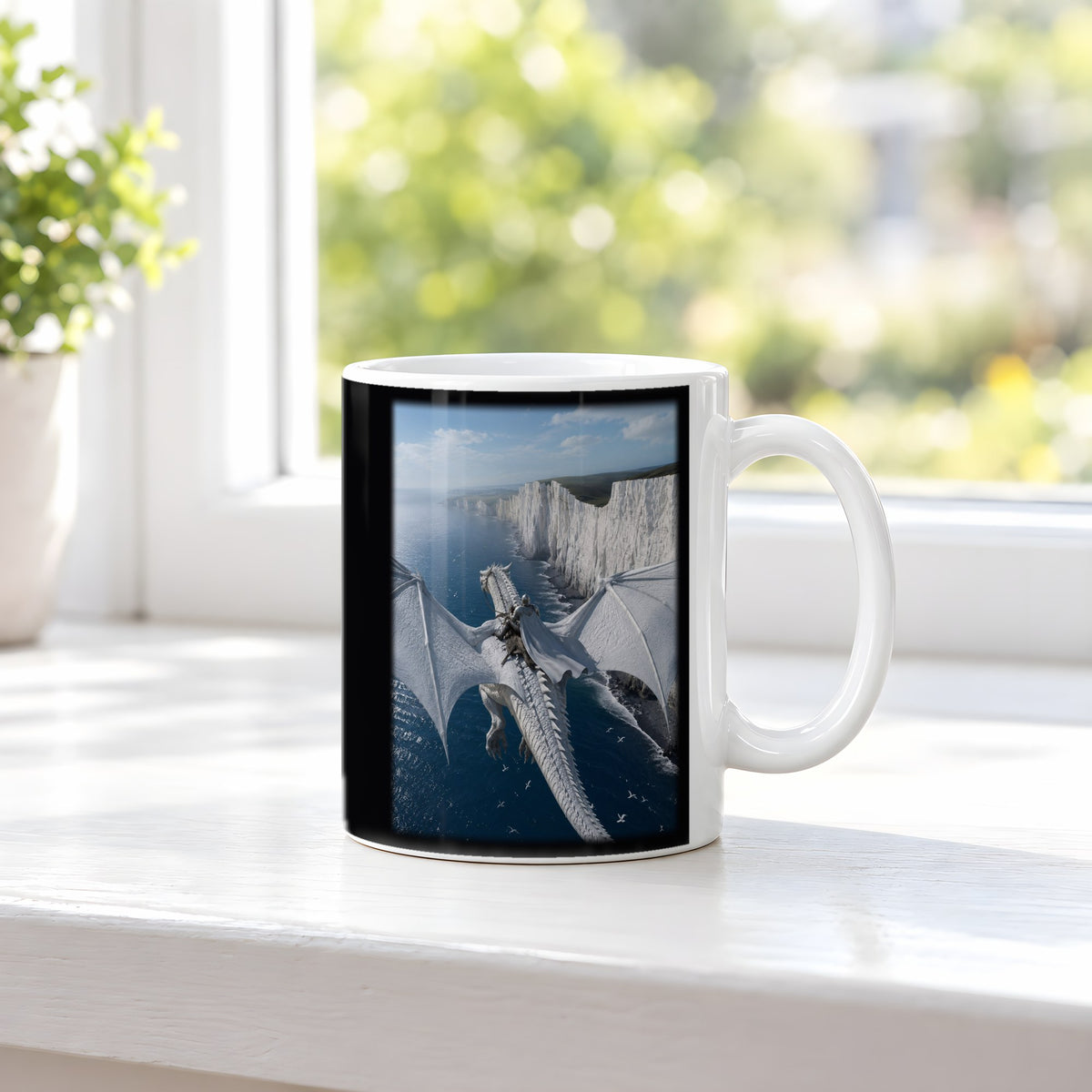 Der Wächter der Klippen – weiße Tasse, auf der Fensterbank