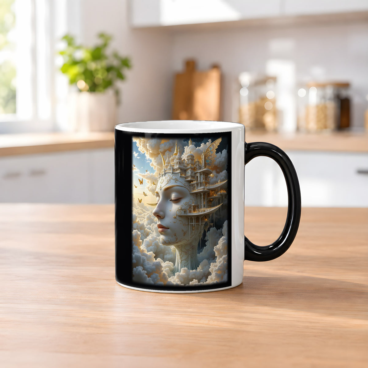 Die Wolkenstadt – Black Edition Zaubertasse mit Motiv (heiß), auf dem Küchentresen