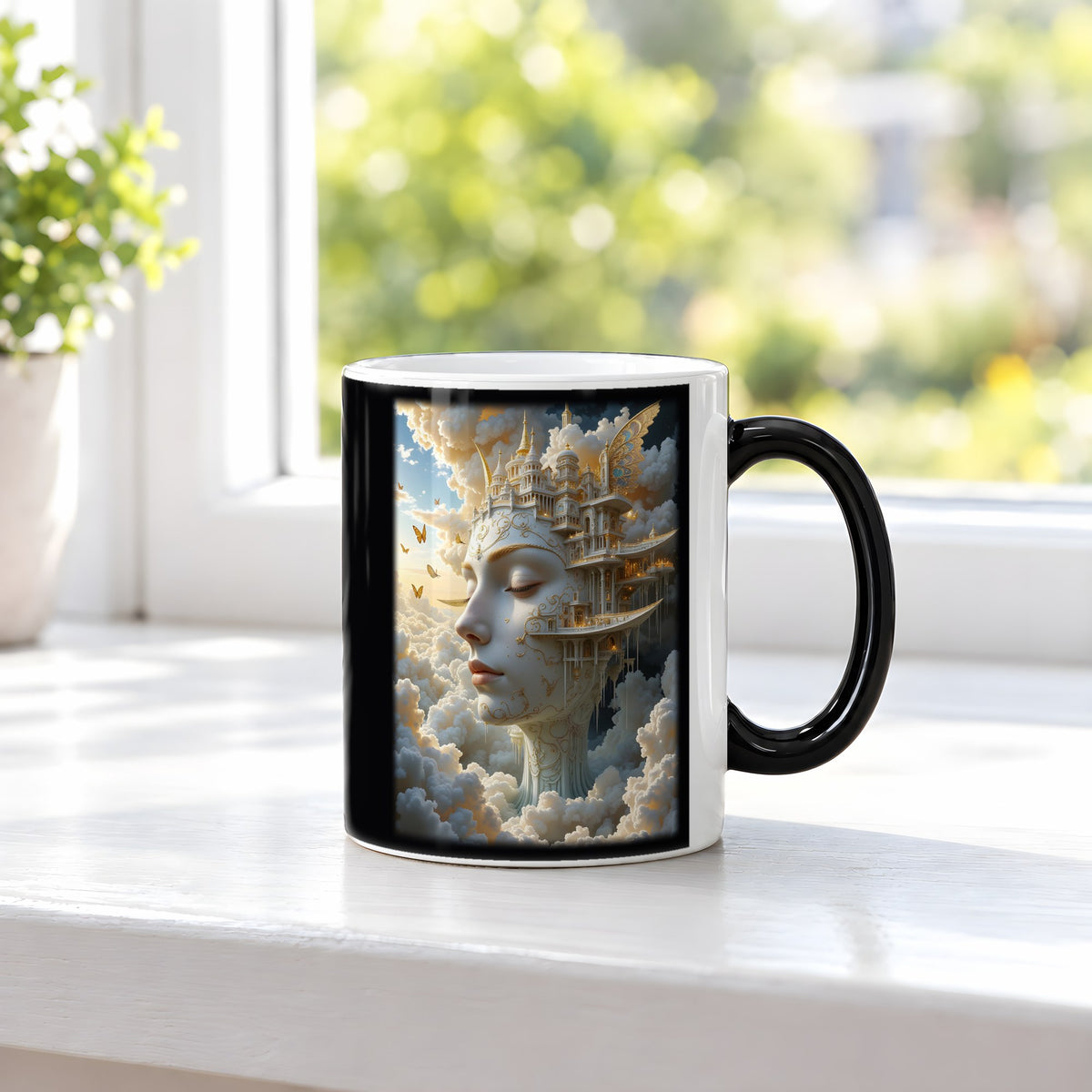 Die Wolkenstadt – Black Edition Zaubertasse mit Motiv (heiß), auf der Fensterbank