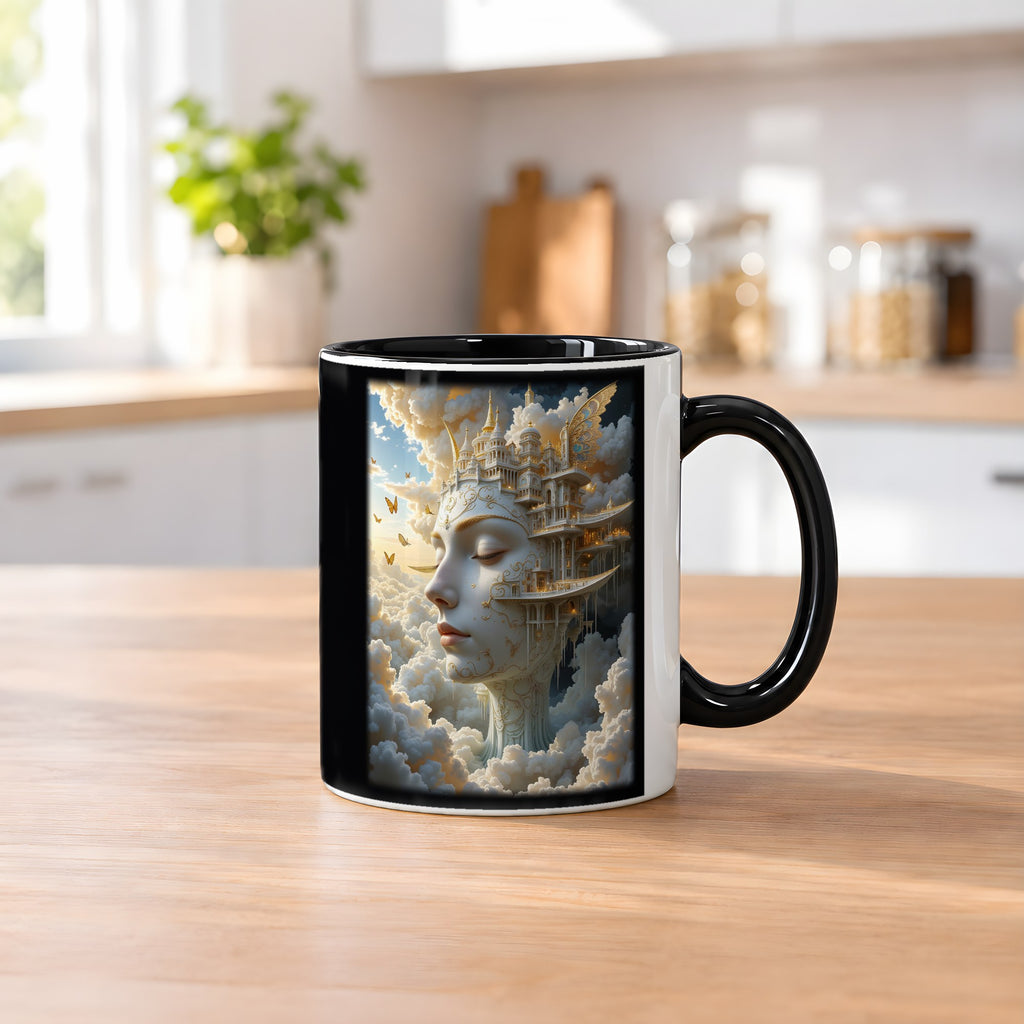 Die Wolkenstadt – Tasse innen schwarz, auf dem Küchentresen