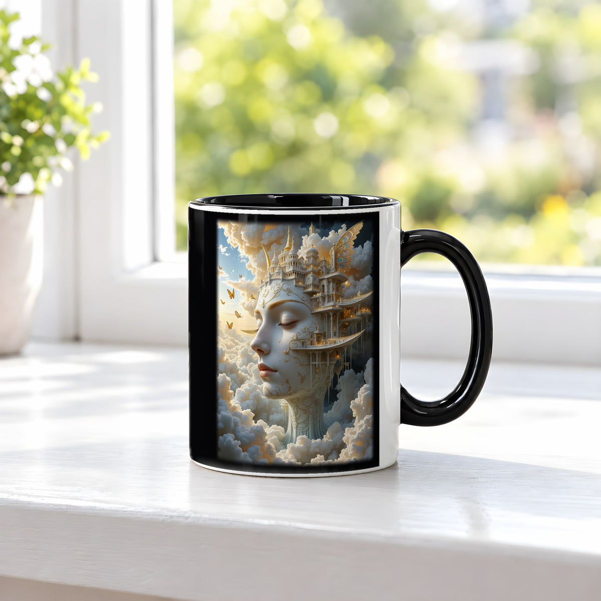 Die Wolkenstadt – Tasse innen schwarz, auf der Fensterbank
