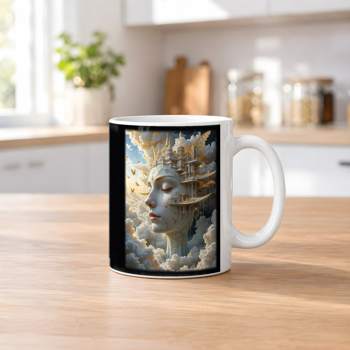 Die Wolkenstadt – weiße Tasse, auf dem Küchentresen