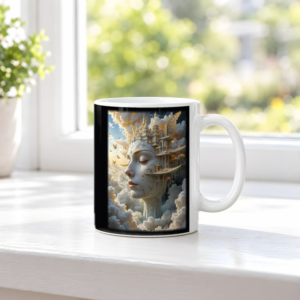 Die Wolkenstadt – weiße Tasse, auf der Fensterbank