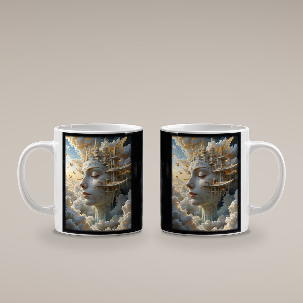 Die Wolkenstadt – weiße Tasse, beide Seiten bedruckt