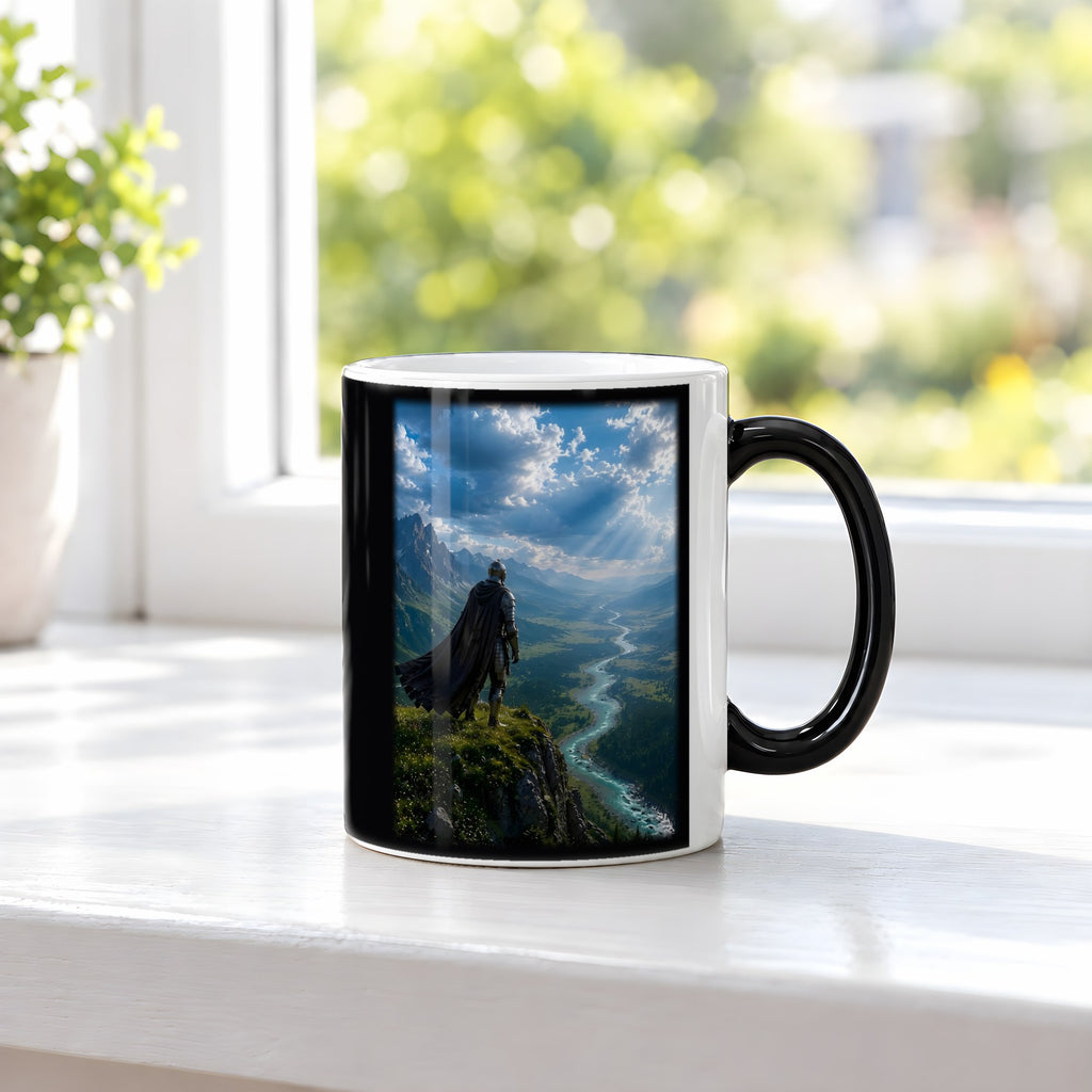 Das weite Land – Black Edition Zaubertasse mit Motiv (heiß), auf der Fensterbank