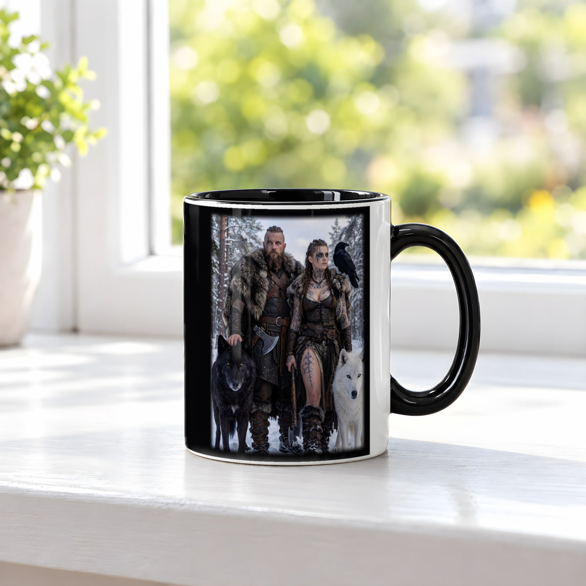 Das Wolfspaar – Tasse innen schwarz, auf der Fensterbank