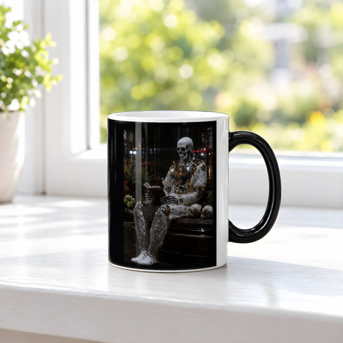 Der Wartende – Black Edition Zaubertasse mit Motiv (heiß), auf der Fensterbank