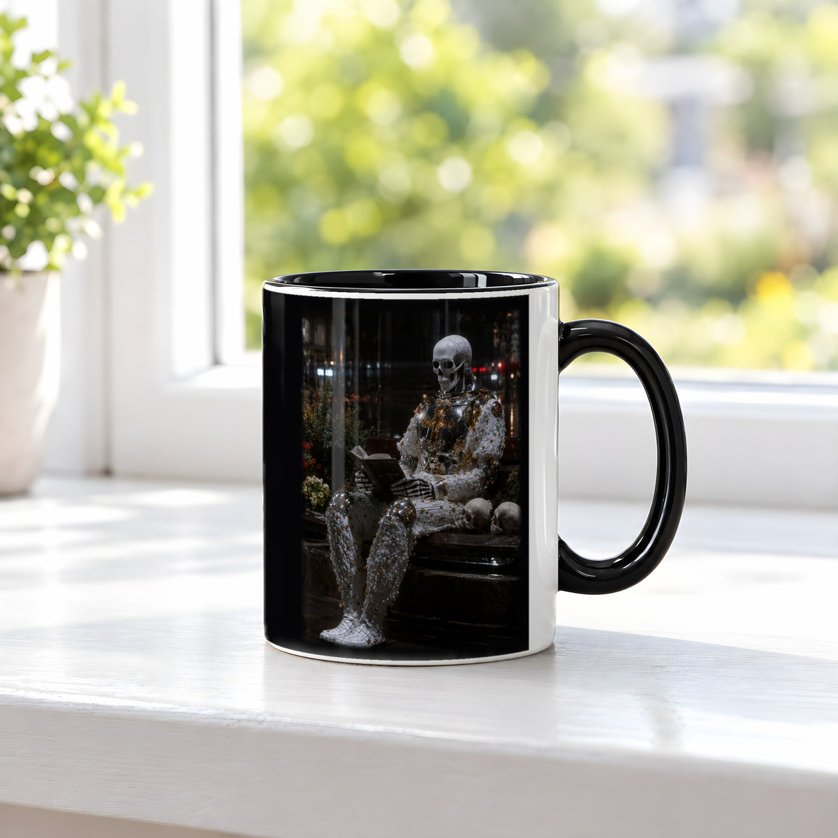 Der Wartende – Tasse innen schwarz, auf der Fensterbank