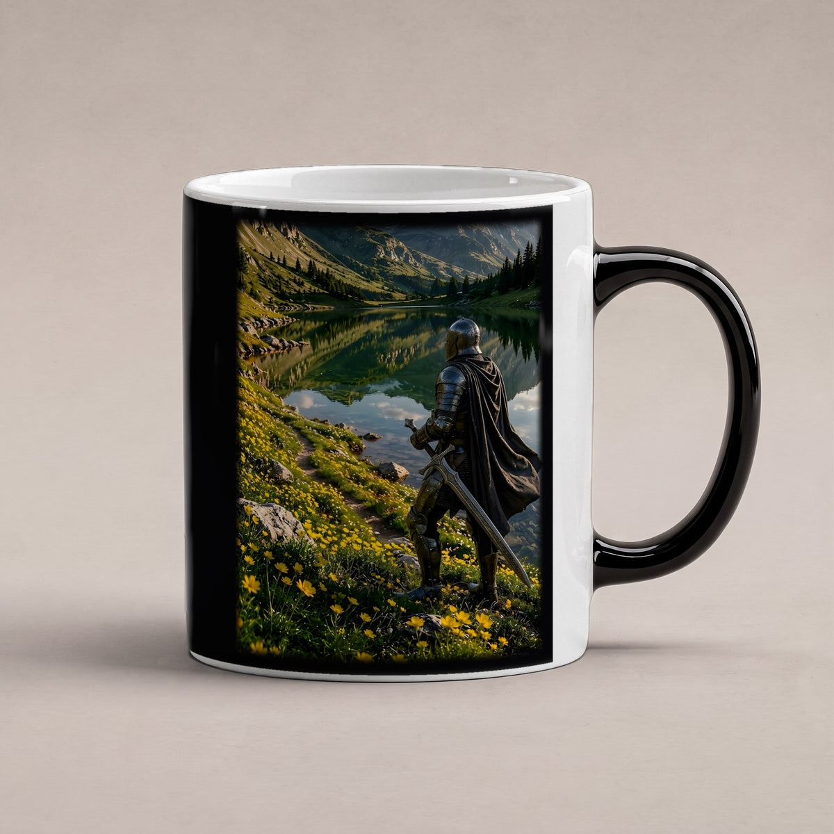 Der Wächter am See – Black Edition Zaubertasse mit Motiv (heiß), freigestellt
