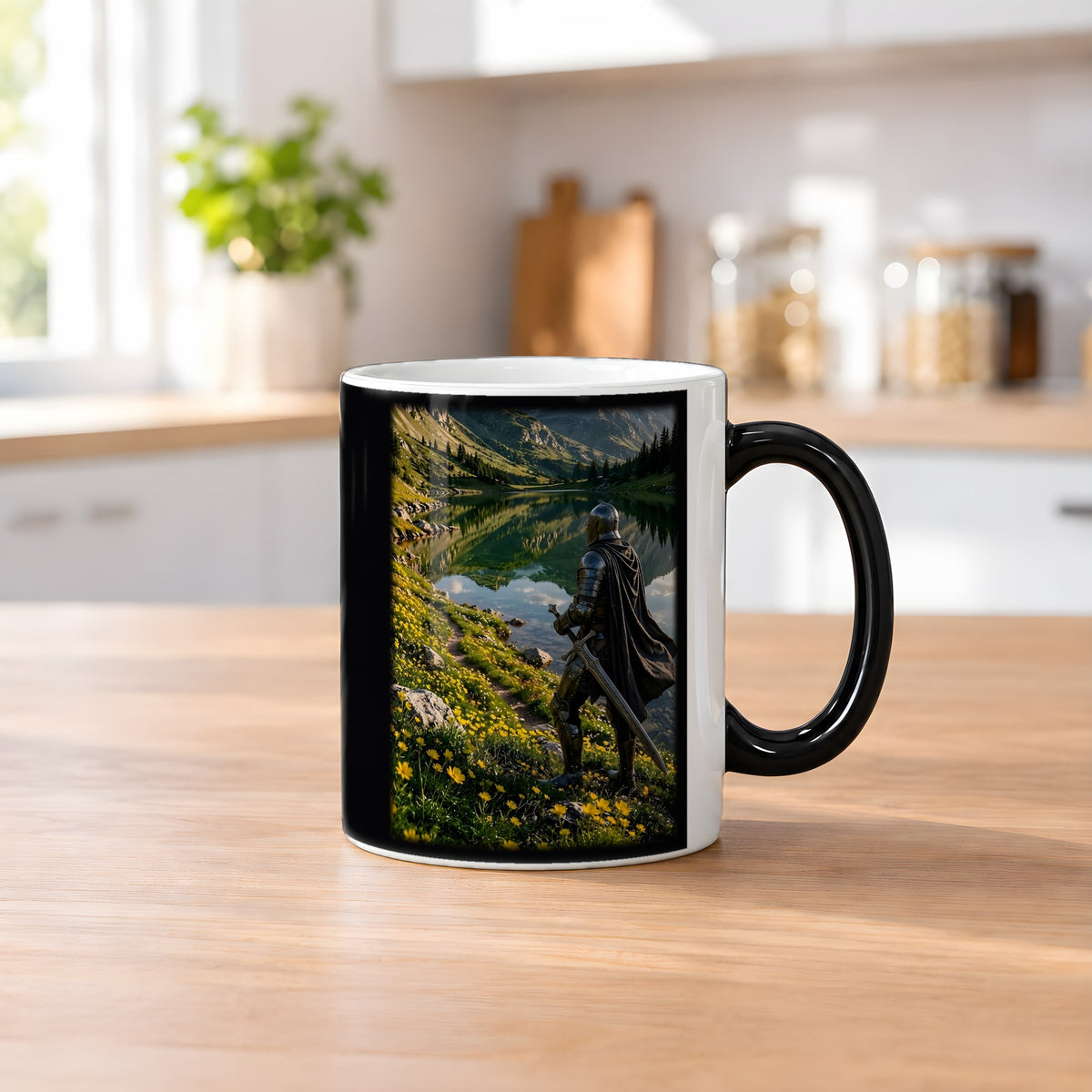 Der Wächter am See – Black Edition Zaubertasse mit Motiv (heiß), auf dem Küchentresen